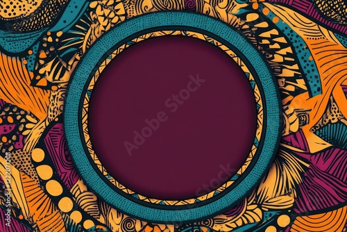 A blank card template in the center of an African wax print background with geometric patterns, with dark maroon and bright blue accents