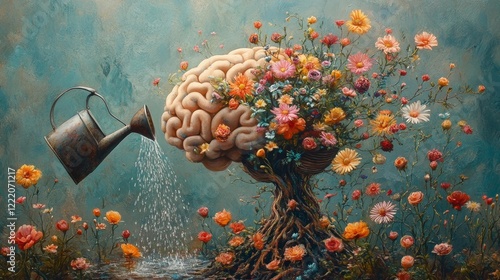 Surreal artistic scene of a brain growing flowers watered by a rustic watering can. Generative AI