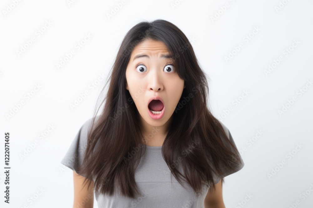 Asian girl getting frightened adult white background frustration. Asian girl getting frightened adult white background frustration.