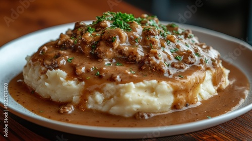 Creamy mashed potatoes topped with savory ground beef gravy and fresh parsley.