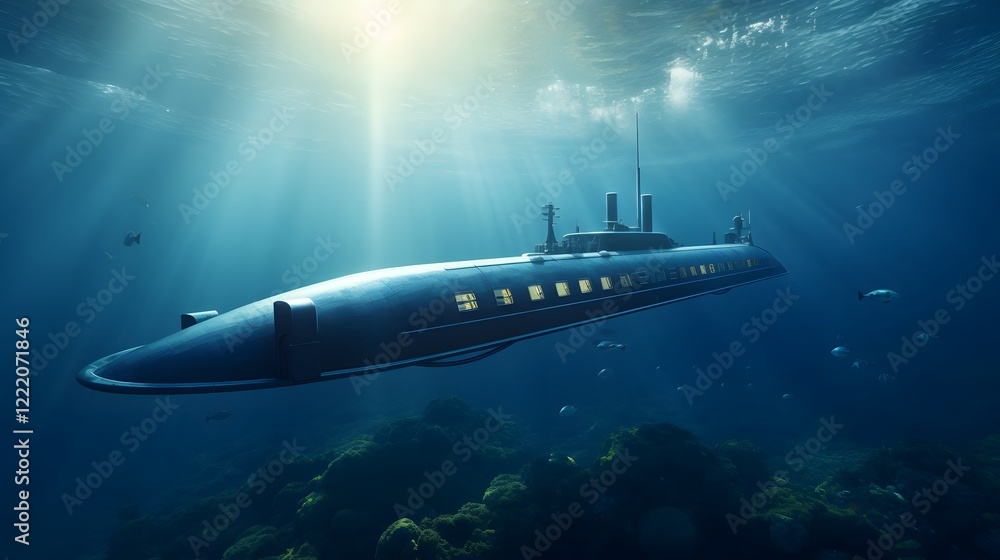 Sleek hydrodynamic submarine cruising silently through the azure depths of the ocean exploring the marine environment and conducting scientific research and discovery Sleek hydrodynamic submarine cruising silently through the azure depths of the ocean exploring the marine environment and conducting scientific research and discovery