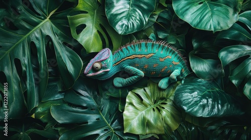 Jungle animal wallpaper with chameleons blending into vibrant green leaves photo