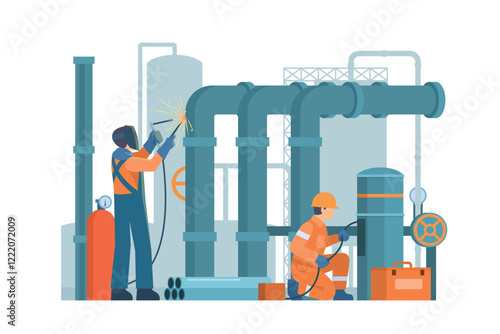 Oil and Gas Industry Workers Maintaining and Repairing Pipelines. Fully Editable Elements, Easy to Customize