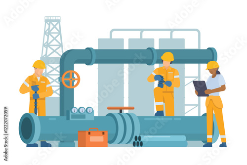 Oil and Gas Industry Workers Maintaining and Repairing Pipelines. Fully Editable Elements, Easy to Customize