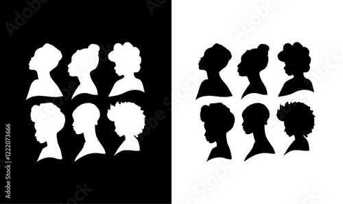African women black silhouette, black women silhouettes set, African women silhouette, black, women, design, art, symbol, illustration, vector, flat design of black women, group,