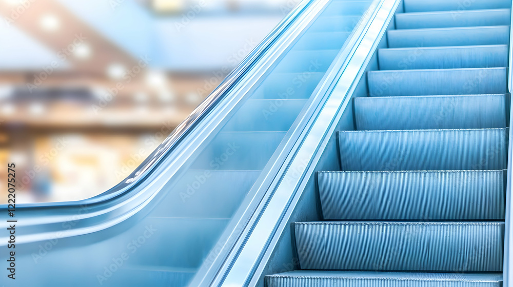 Fototapeta premium Escalator ascending in modern mall, blurred shoppers