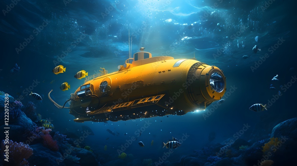 Submarine gradually emerging from the ocean depths with a trail of bubbles trailing behind as it ascends to the surface Submarine gradually emerging from the ocean depths with a trail of bubbles trailing behind as it ascends to the surface