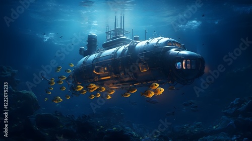 Submarine Ascending to the Ocean Surface with Trailing Bubbles in a Dramatic Underwater Scene