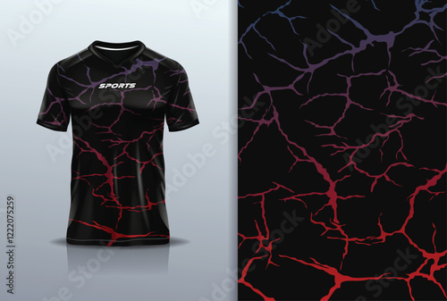 T-shirt mockup abstract texture grunge texture marble lightning thunderbolt sport jersey design for football, soccer, racing, esports, running, in black red color