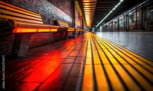 Empty subway platform with illuminated benches and tactile paving