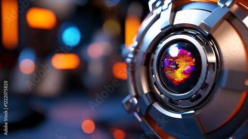 Futuristic Robotic Eye: Close-up of a technologically advanced robotic eye with vibrant LED display, showcasing intricate metallic design and glowing core.