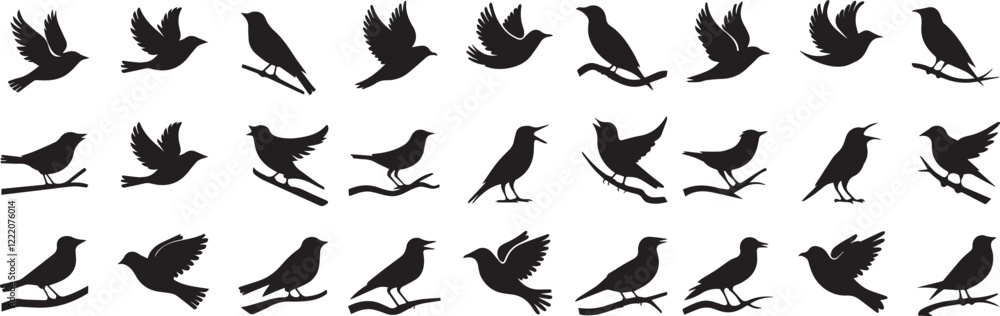 Fototapeta premium set of bird silhouette icons in various poses with white backgrounds. 
