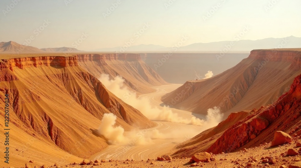 Naklejka premium Arid Canyon Landscape with Dust Trails Created by Off-Road Vehicle