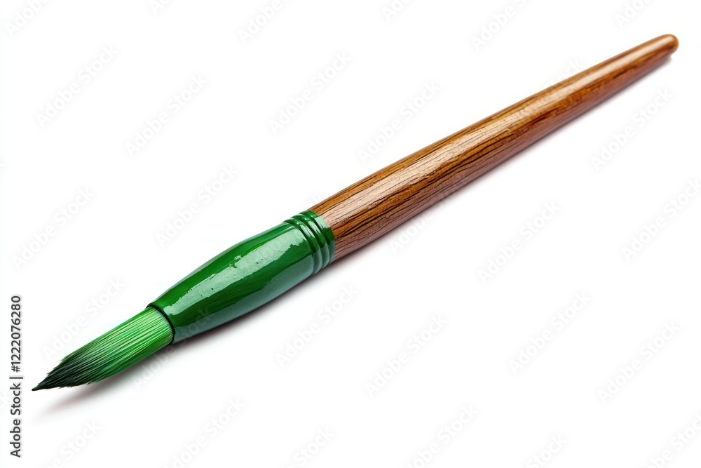 Green paintbrush, wooden handle, white background, art supplies Green paintbrush, wooden handle, white background, art supplies