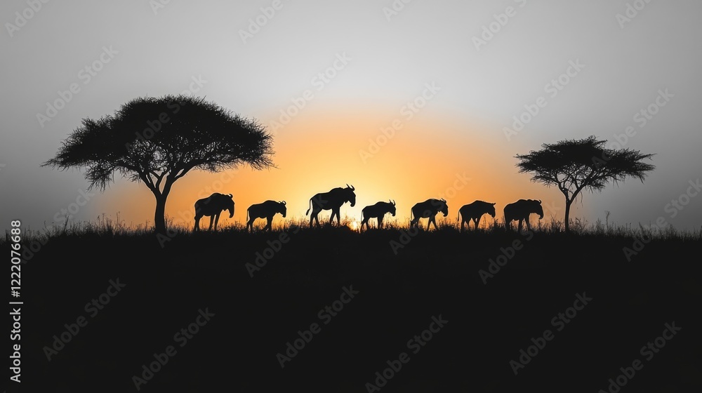 Silhouetted Wildebeest Herd at Sunset in the African Savannah landscape with vibrant sky and dramatic trees Silhouetted Wildebeest Herd at Sunset in the African Savannah landscape with vibrant sky and dramatic trees