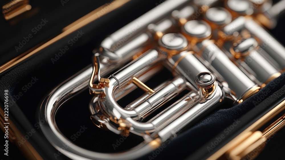Naklejka premium Close-up of a silver trumpet in its case.