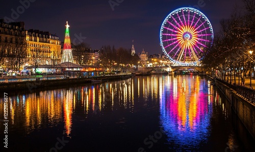 Ferris wheel, Christmas market by river at night, festive city lights reflection, holiday travel