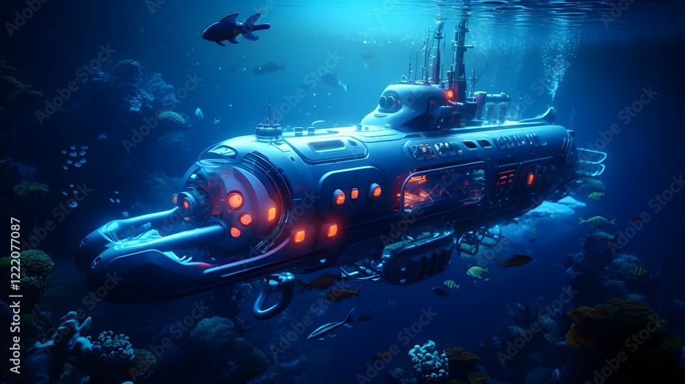 Fototapeta premium A high tech submarine equipped with glowing lights navigates the mysterious and enchanting deep ocean showcasing the latest advancements in underwater and engineering