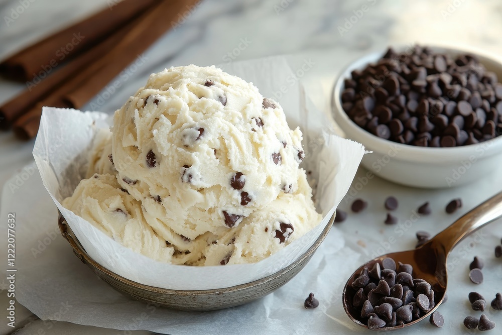 Creamy vanilla ice cream studded with chocolate chips. Perfect for illustrating dessert menus, recipes, or articles about homemade ice cream. Creamy vanilla ice cream studded with chocolate chips. Perfect for illustrating dessert menus, recipes, or articles about homemade ice cream.