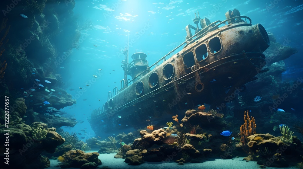 A sleek submarine navigating through a narrow winding underwater canyon in a remote serene marine environment  The submarine s lights illuminate the deep blue green waters as it explores the isolated