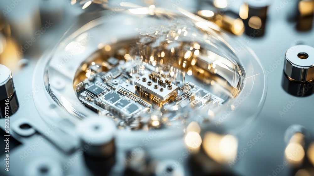 A close-up of an advanced optical communication module with detailed components and reflective surfaces, clean and high-tech view, Contemporary style A close-up of an advanced optical communication module with detailed components and reflective surfaces, clean and high-tech view, Contemporary style
