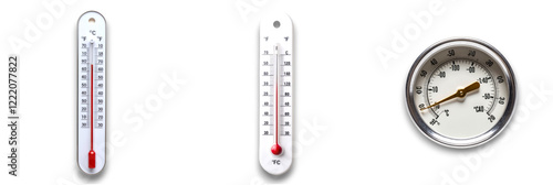 Isolated thermometers and clock on transparent background, ideal for visuals