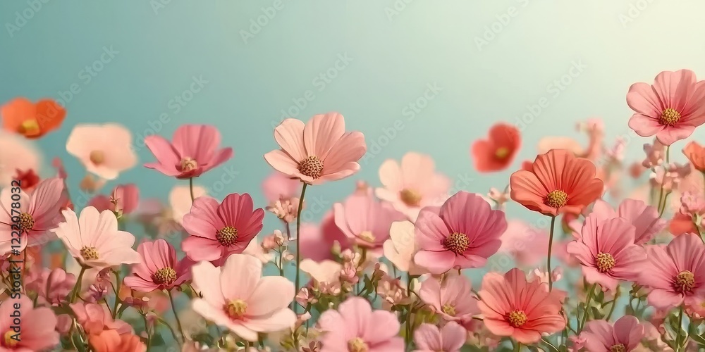 A vibrant field of colorful flowers in shades of pink and white, gently swaying against a serene blue background. A vibrant field of colorful flowers in shades of pink and white, gently swaying against a serene blue background.