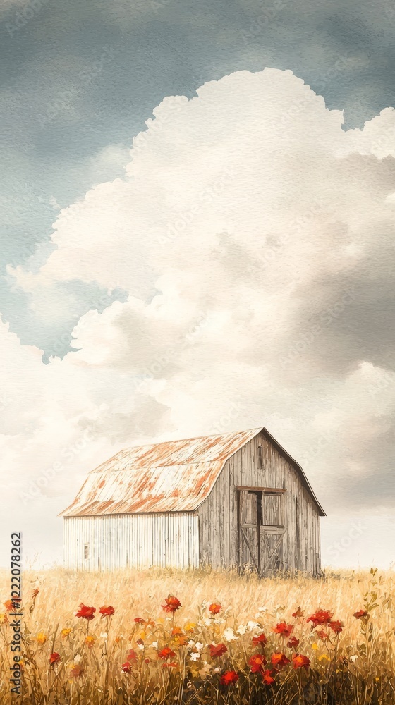 Fototapeta premium A rustic barn sits in a golden field, surrounded by colorful flowers, under a serene sky filled with fluffy clouds.