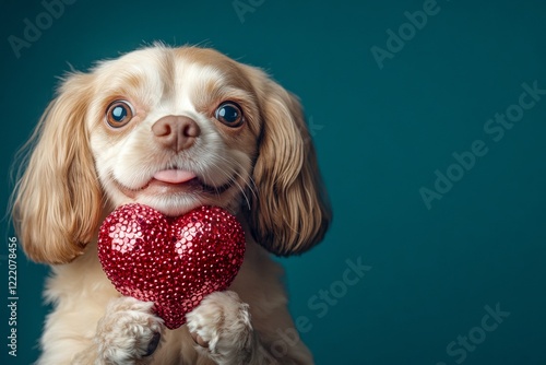 Clumber spaniel - my beloved dog. Cute clumber spaniel pooch with sparkling rhinestones red heart - symbol of love, funny greeting card. Ad campaign creative. February 14 dog themes. Pet love. photo