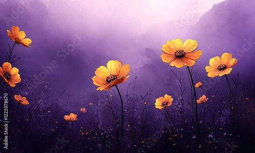 Vibrant yellow flowers blooming in a mystical purple landscape, with soft fog and distant hills