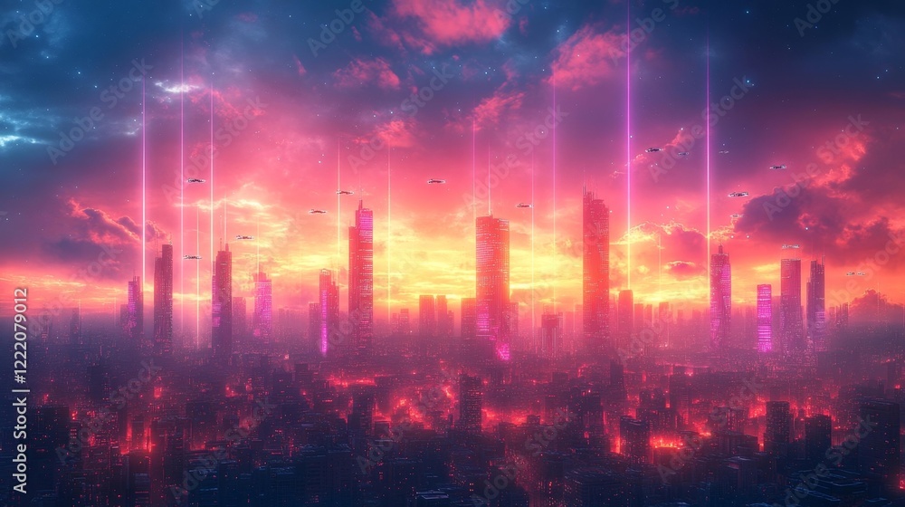 Fototapeta premium Futuristic Cyberpunk Cityscape at Night. Generative AI