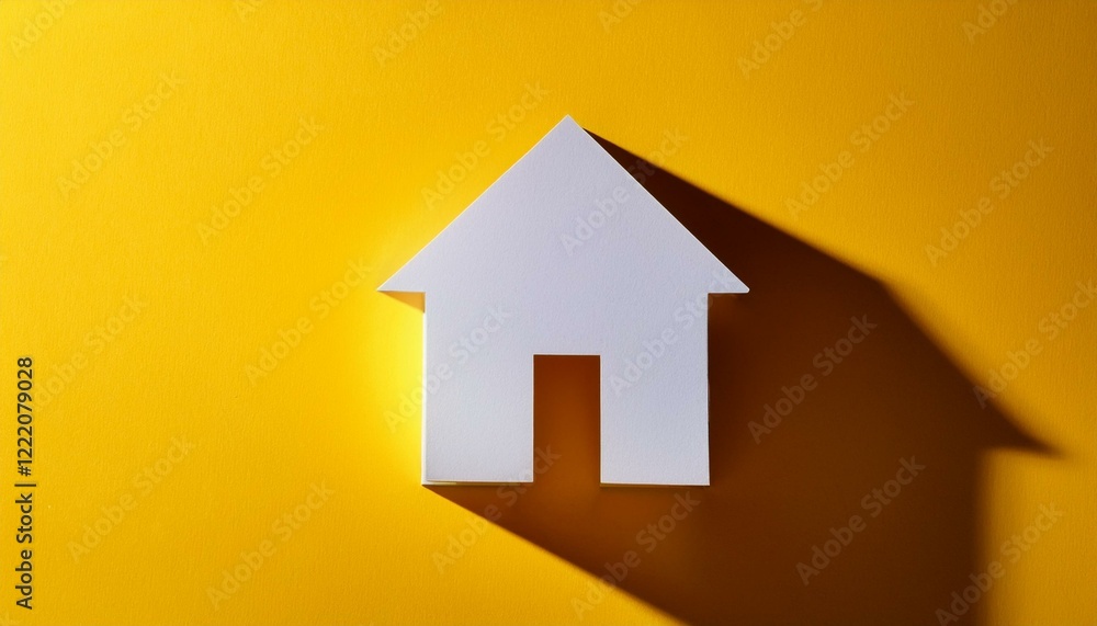 paper house with long shadow on yellow background paper house with long shadow on yellow background