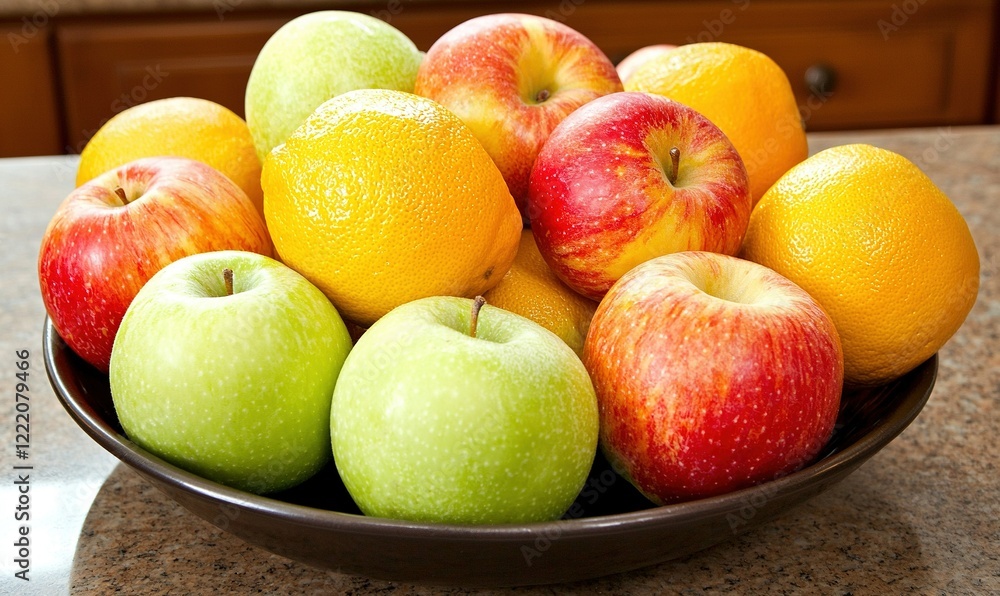 Fresh apples, oranges, lemons in bowl on kitchen counter Fresh apples, oranges, lemons in bowl on kitchen counter