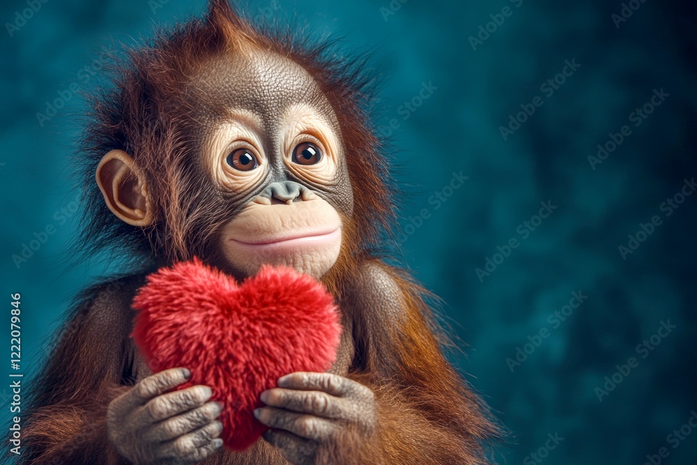 Commercial conceptual art. Cute orangutan baby with fluffy red heart - emblem of love, funny greeting card. Advertising conceptual art. Orangutan - my treasured animal. Animal hearts designs. Commercial conceptual art. Cute orangutan baby with fluffy red heart - emblem of love, funny greeting card. Advertising conceptual art. Orangutan - my treasured animal. Animal hearts designs.