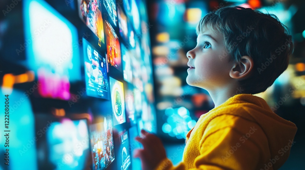 Curious Child Gazes at Interactive Digital Display in Bright Environment Curious Child Gazes at Interactive Digital Display in Bright Environment