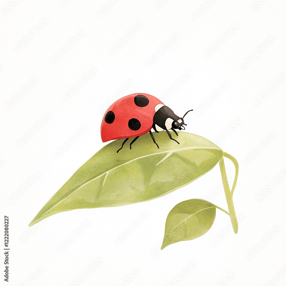 Fototapeta premium Minimalist Close-Up of a Vibrant Ladybug Resting on a Fresh Green Leaf Isolated on a Clean White Background Perfect for Nature and Insect Photography Enthusiasts