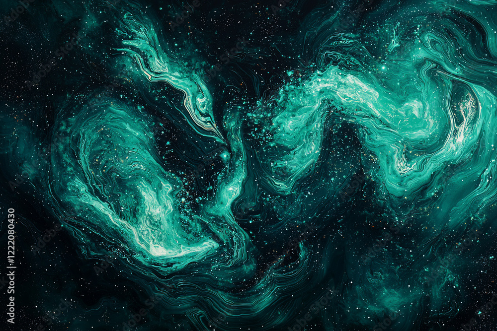 Abstract cosmic swirl of teal and dark green resembling a nebula with stars scattered in the background Abstract cosmic swirl of teal and dark green resembling a nebula with stars scattered in the background