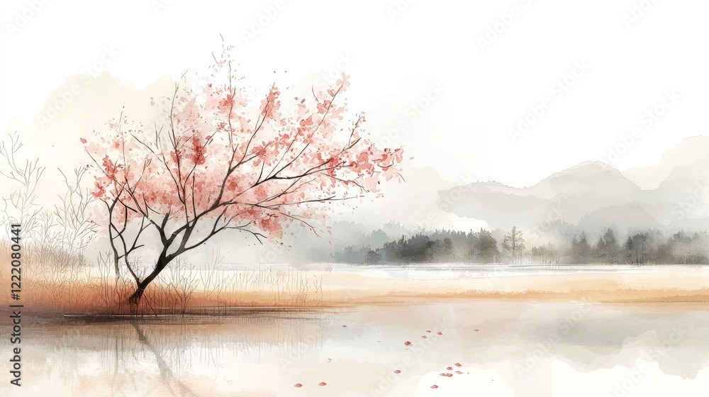A serene landscape featuring a delicate pink tree by a quiet lake, with gentle mountains in the background and soft watercolor hues. A serene landscape featuring a delicate pink tree by a quiet lake, with gentle mountains in the background and soft watercolor hues.