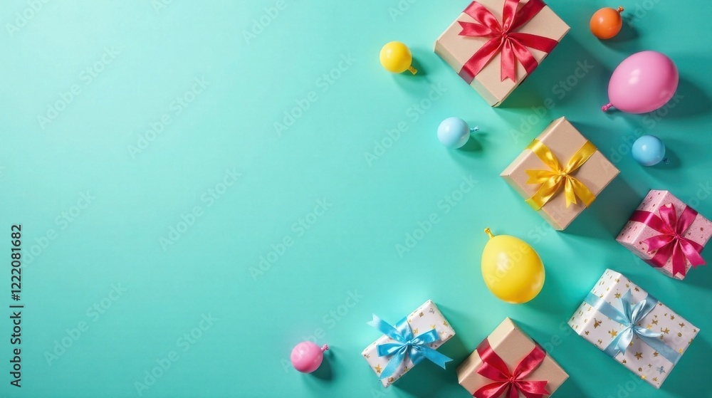 Festive Celebration Presents and Balloons Arranged on a Teal Background for a Joyful Occasion Festive Celebration Presents and Balloons Arranged on a Teal Background for a Joyful Occasion