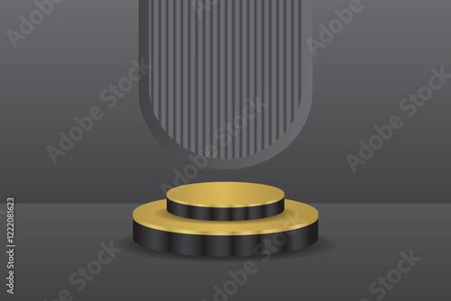 3D podium. black combination with gold. Studio showroom product pedestal, mockup scene. Vector display design