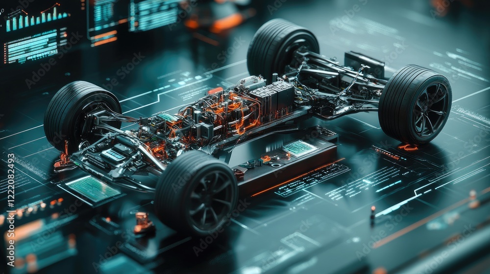 Obraz premium A 3D visualization of a sport car energy system, with data streams and innovative components floating above a sleek interface, representing progress and efficiency