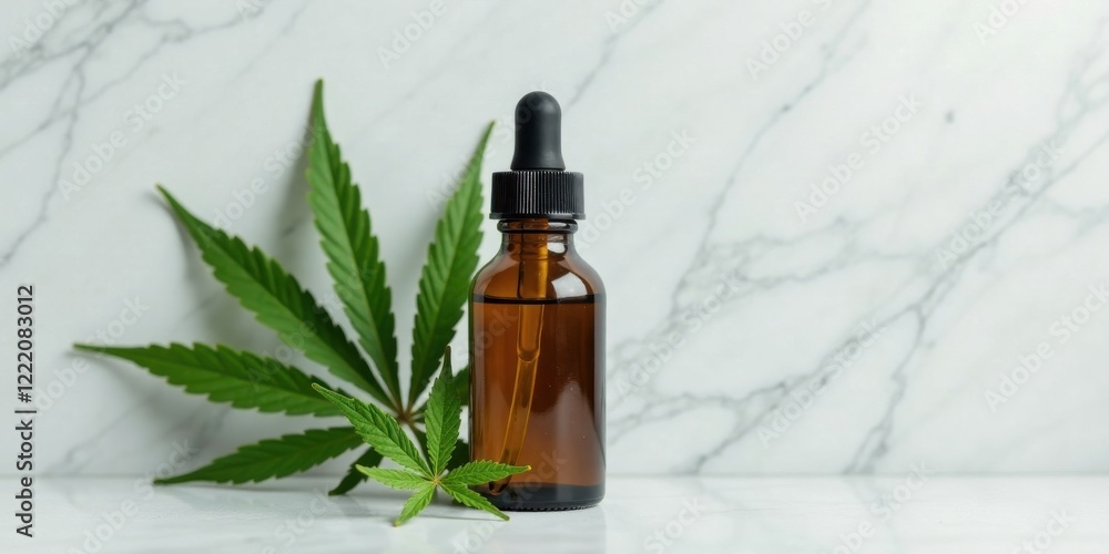 Fototapeta premium Amber bottle of natural plant-based extract with cannabis leaf on marble surface