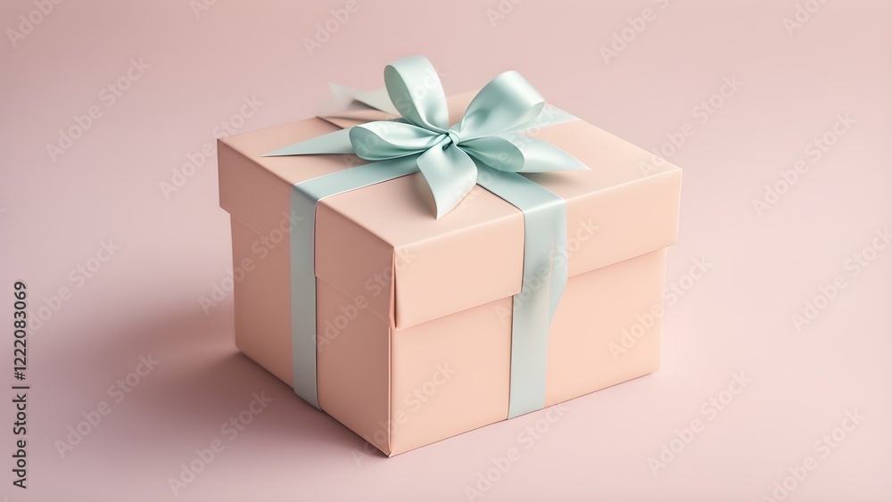 Obraz premium Elegant blush pink gift box with a light blue ribbon, perfect for celebratory occasions.