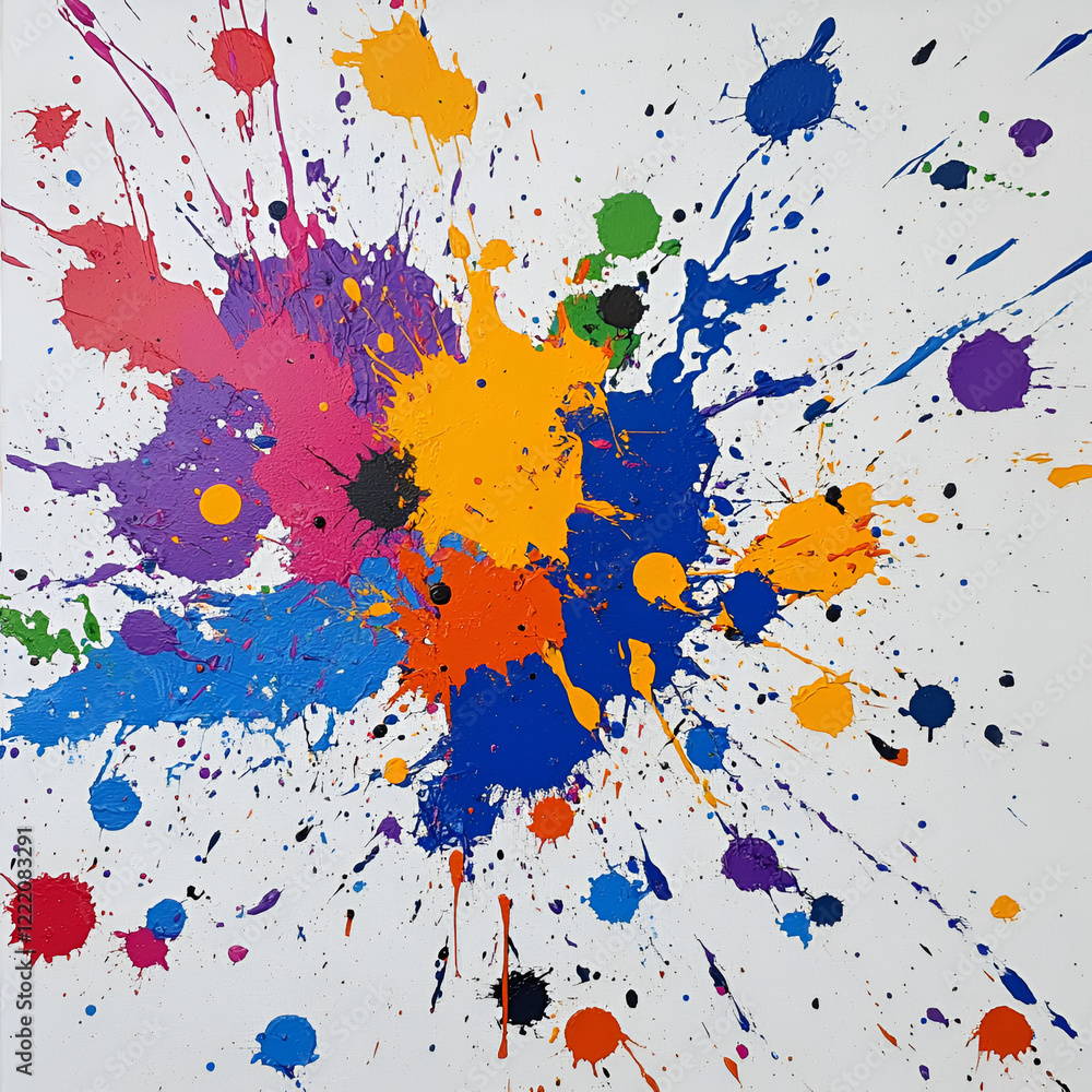Fototapeta premium Abstract Color Burst: An explosion of vibrant, colorful paint splatters across a stark white canvas, capturing a moment of dynamic energy and artistic expression.