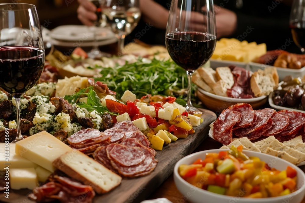 served table in restaurant full of food with people enjoying the meal and wine served table in restaurant full of food with people enjoying the meal and wine