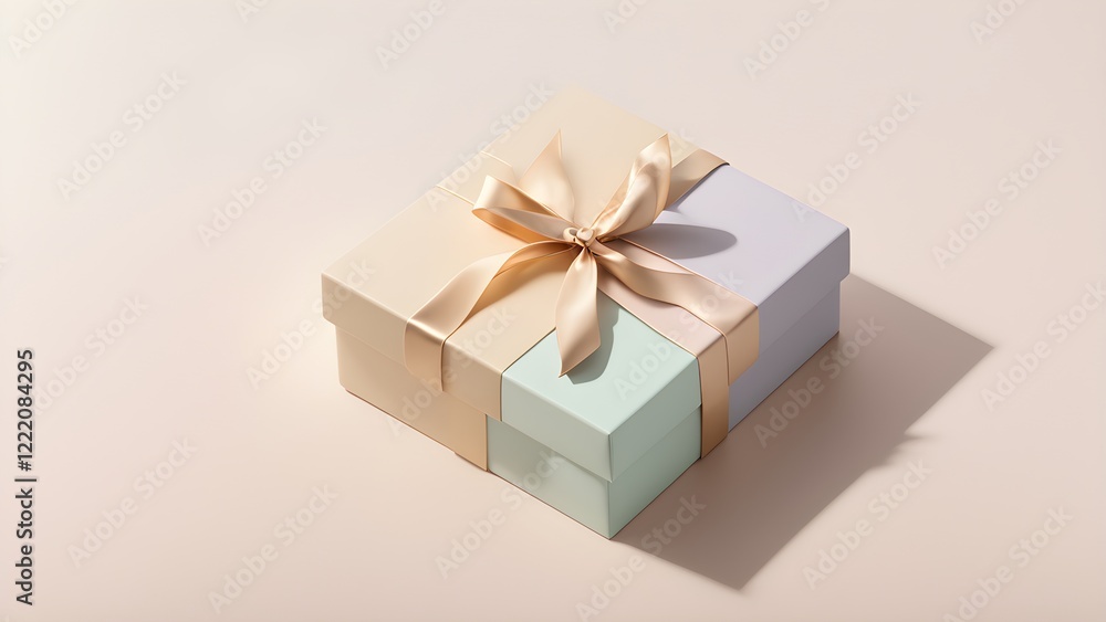 Obraz premium Elegant pastel gift box with gold ribbon on beige background.