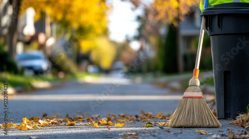 Wallpaper Mural A close-up focused on a broom and trash can used for cleaning fallen yellow leaves on a residential street during an autumn day. Background shows blurred houses and vibrant seasonal foliage. Torontodigital.ca