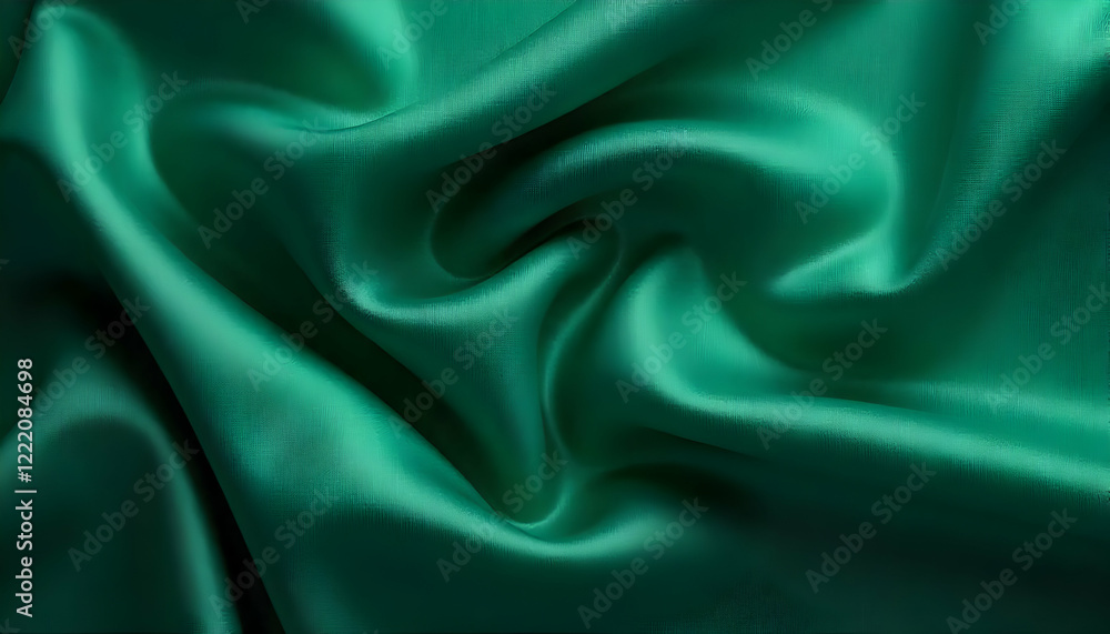 Obraz premium Dark green silk satin background. Beautiful soft folds on the smooth surface of the fabric. Luxury background with copy space for design. Wide banner. Top view. Flat lay