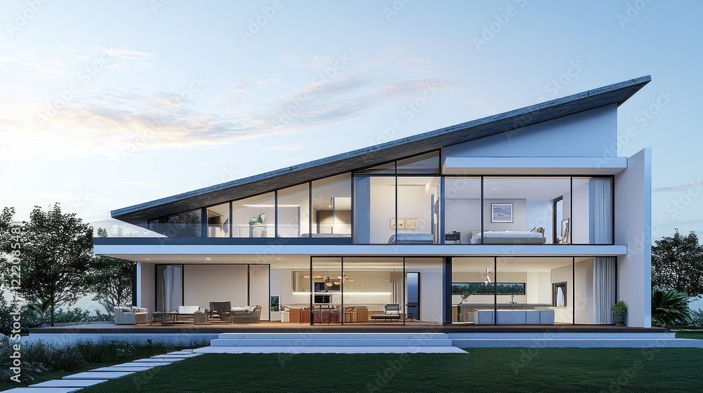 Fototapeta premium Modern House with a Sloped Roof and Large Windows