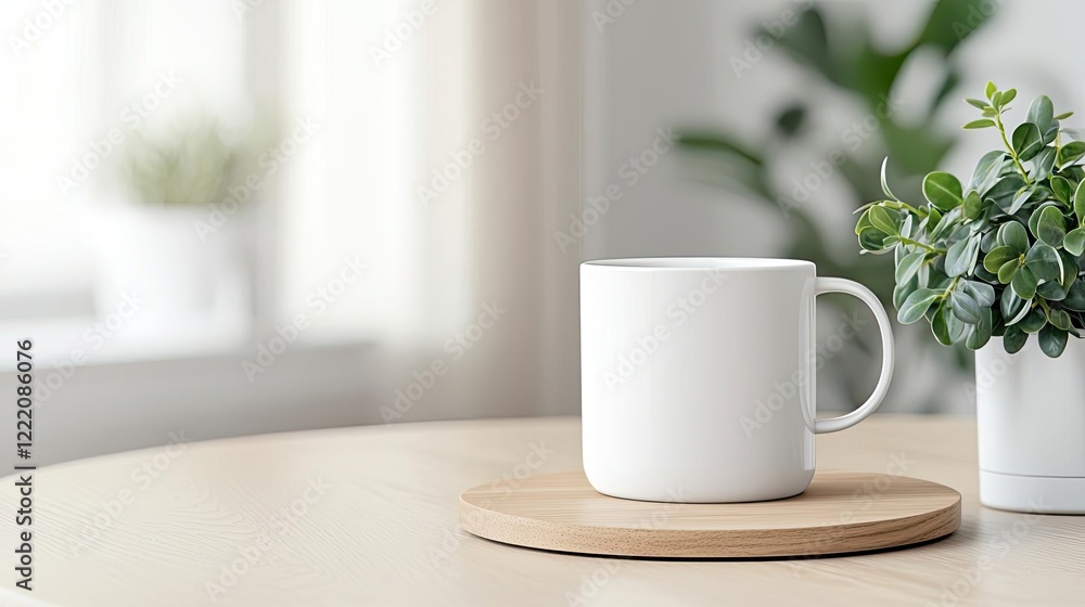 Clean design minimalist concept. A clean white mug sits on a wooden coaster beside a small plant on a light table. Clean design minimalist concept. A clean white mug sits on a wooden coaster beside a small plant on a light table.